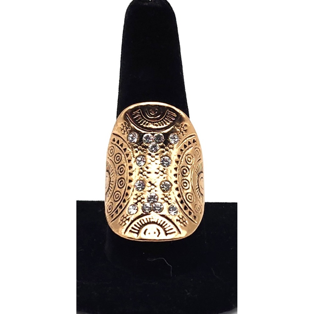 Gold Tone Tribal Engraved Statement Ring Women's Shield Rhinestone Boho Jewelry - Picture 8 of 10